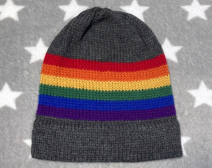 100% Wool Knit Pride Hat - LGBT Rainbow - Grey