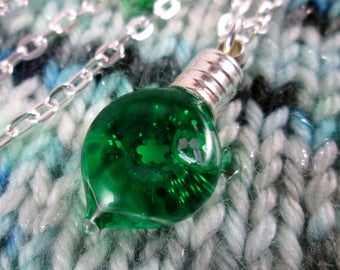 Glitter Liquid Necklace | Green Leaf | Tiny Snowglobe Charm | Silver Chain