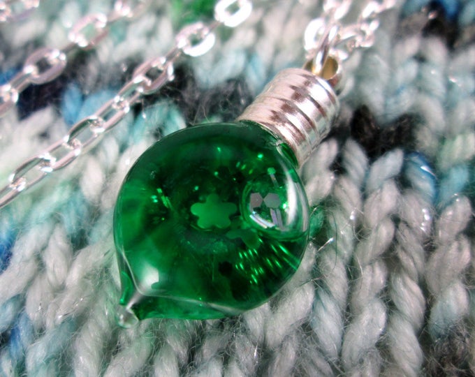 Glitter Liquid Necklace - Green Leaf - Tiny Snowglobe Charm - Silver Chain