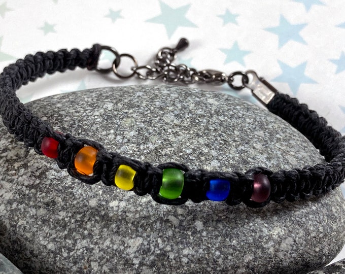 LGBT Rainbow Hemp Pride Bracelet - Black - Tiny Frosted Glass Beads - Slim Bracelet - 7 to 8 Inches Adjustable