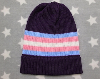 Knit Trans Pride Hat | Purple Slouchy Beanie | Acrylic | CLEARANCE (Old Style Yarn)