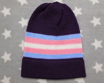 Knit Pride Hat - Trans Pride - Purple Slouchy Beanie - Acrylic