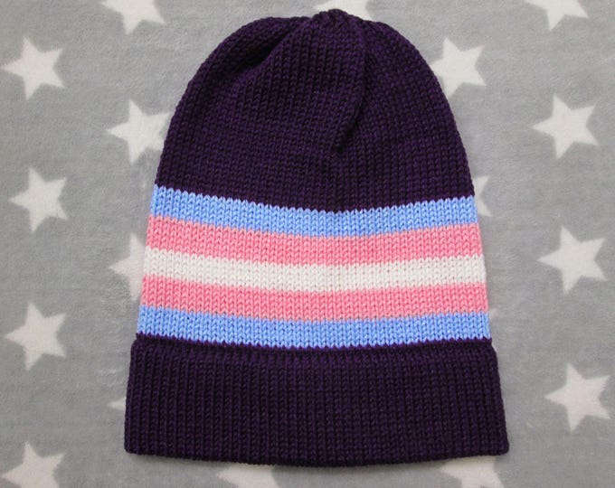 Knit Trans Pride Hat | Purple Slouchy Beanie | Acrylic | CLEARANCE (Old Style Yarn)