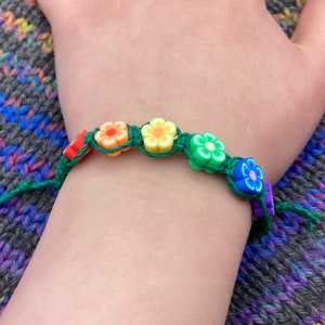 Flower Hemp Pride Flag Bracelet Rainbow, Trans, Pan, Bi Pride Green Hemp 1 Bracelet 4 Options 6 to 10 Inches Adjustable Slide Knot image 3