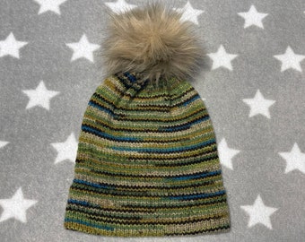 Wool-Nylon Blend Hat | Earthtones | Green Tan Brown Yellow Blue | Slouchy Knit Winter Beanie with Faux Fur Pom Pom