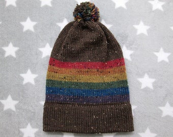 Knit Pride Hat - LGBT Rainbow - Brown Wool Tweed - Big Slouchy Beanie - XL