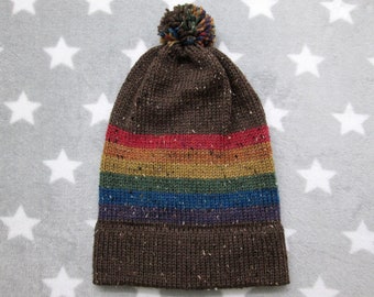 Knit LGBT Rainbow Pride Hat | Brown Wool Tweed | Big XL Slouchy Beanie