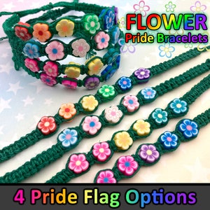 Flower Hemp Pride Flag Bracelet Rainbow, Trans, Pan, Bi Pride Green Hemp 1 Bracelet 4 Options 6 to 10 Inches Adjustable Slide Knot image 1