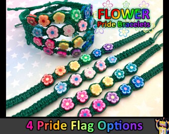 Flower Hemp Pride Flag Bracelet - Rainbow, Trans, Pan, Bi Pride - Green Hemp - 1 Bracelet (4 Options) - 6 to 10 Inches Adjustable Slide Knot