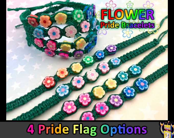 Flower Hemp Pride Flag Bracelet | Rainbow, Trans, Pan, Bi Pride | Green Hemp | 1 Bracelet (4 Options) | 6 to 10 Inches Adjustable Slide Knot