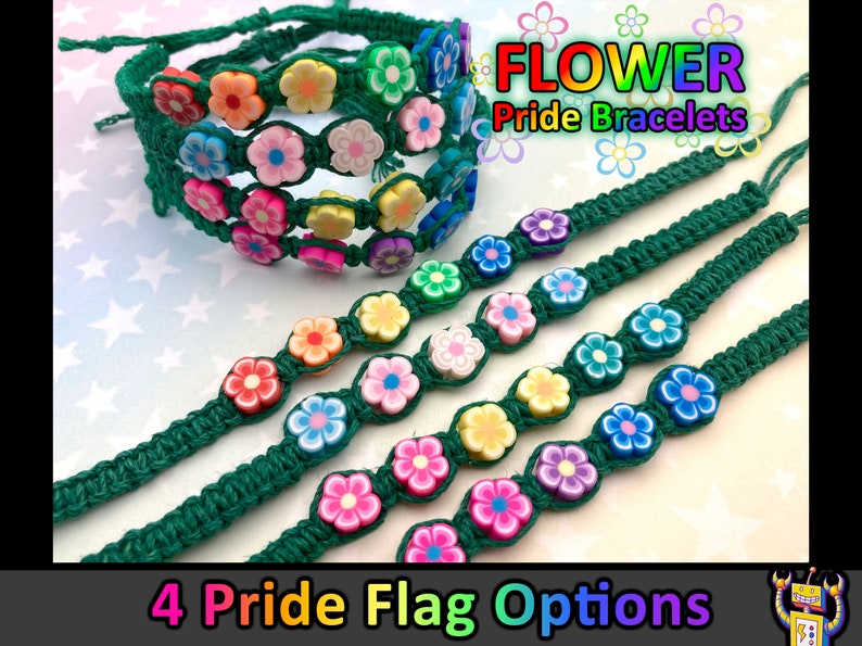 Flower Hemp Pride Flag Bracelet Rainbow, Trans, Pan, Bi Pride Green Hemp 1 Bracelet 4 Options 6 to 10 Inches Adjustable Slide Knot image 1