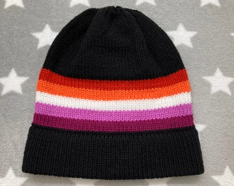 Knit Lesbian Pride Hat | Black Slouchy Beanie | Acrylic