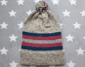 Knit Trans Pride Hat | Cream Wool Tweed | Big XL Slouchy Beanie