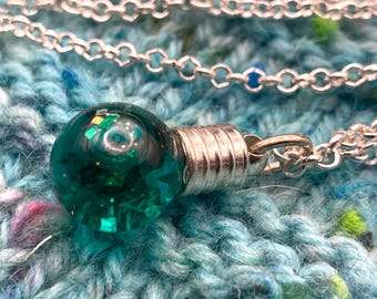 Glitter Liquid Necklace | Small Green Globe | Silver Chain