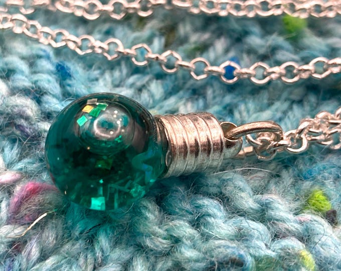 Glitter Liquid Necklace | Small Green Globe | Silver Chain