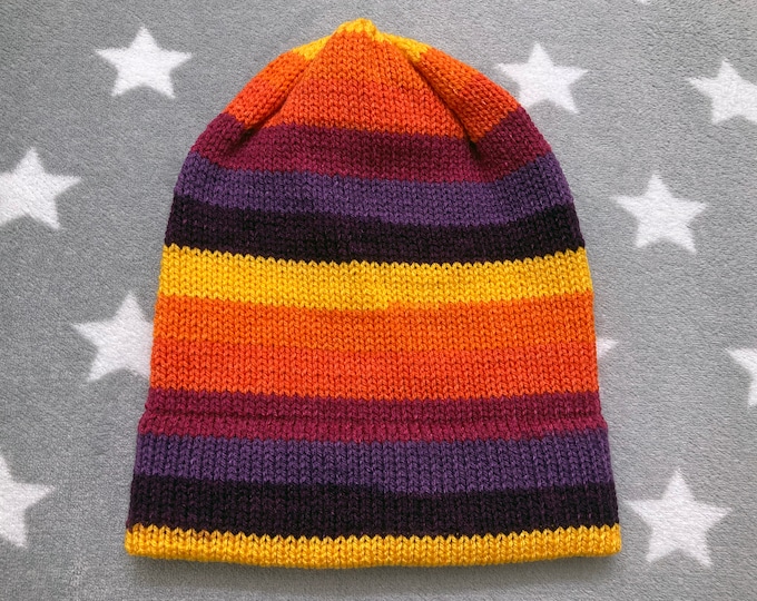 Knit Hat - Orange Yellow Purple Stripes - Slouchy Beanie - Acrylic