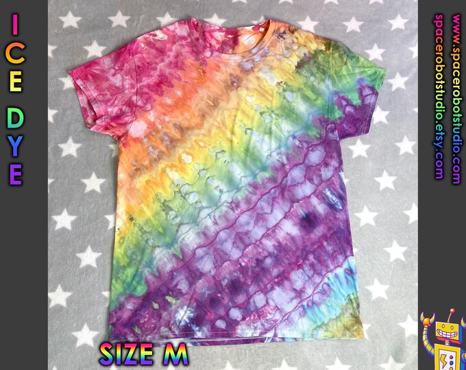 Ice Dye T-Shirt | Rainbow Ripple Stripes | Size M