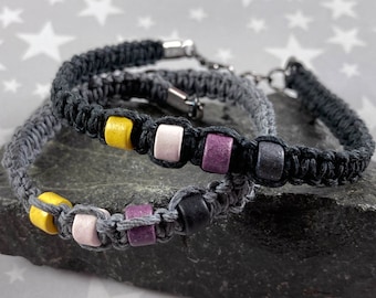 Nonbinary Pride Hemp Bracelet | Black or Grey | Ceramic Beads | 7 to 8 Inches Adjustable