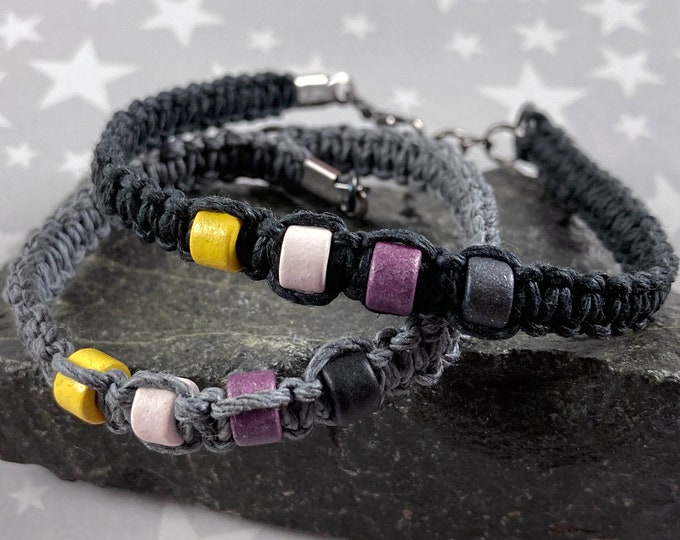 Nonbinary Pride Hemp Bracelet | Black or Grey | Ceramic Beads | 1 Bracelet | 7 to 8 Inches Adjustable