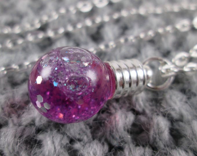 Glitter Liquid Necklace - Small Pink Globe - Silver Chain