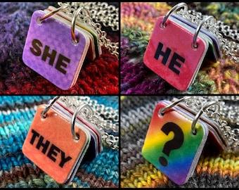 Genderfluid Pronouns Necklace | She He They ? | Purple Red Orange Rainbow | Silver Rolo Chain