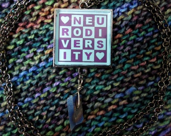 Neurodiversity Necklace & Crystal - Purple and Turquoise - Square Checker Design