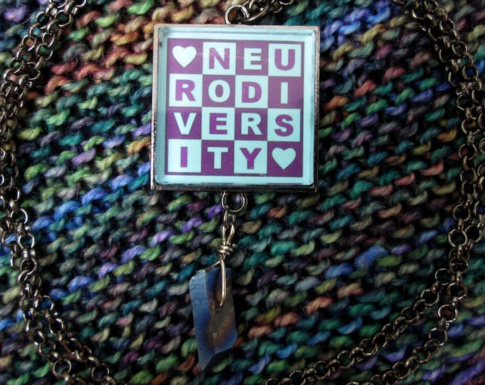 Neurodiversity Necklace & Crystal | Purple and Turquoise | Square Checker Design