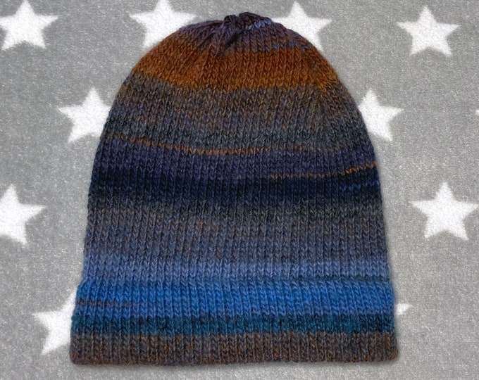 Knit Hat - Blue Brown Grey Purple - Slouchy Beanie - Wool Acrylic Blend