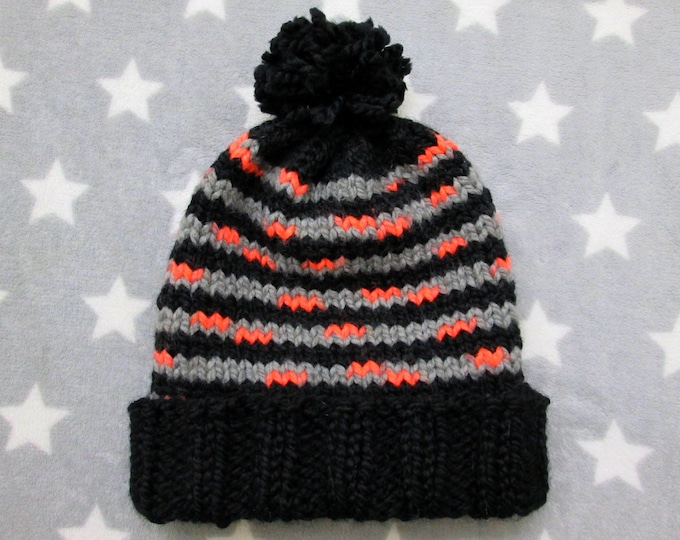 Chunky Handknit Hat - Halloween Black Grey Neon Orange Stripes - Slouchy Knit Hat With Pompom - Acrylic Wool Blend