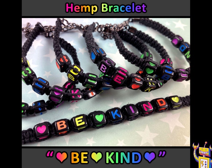 BE KIND Hemp Bracelet - Rainbow Alphabet Beads - Black Hemp - 1 Bracelet (Assorted Rainbow Colors) - 7 to 8 Inches Adjustable