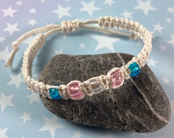 Trans Pride Hemp Bracelet | Transparent Beads | Cream Hemp | Mini Pony Beads | 6 to 10 Inches Adjustable Slide Knot