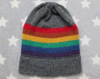 Knit LGBT Rainbow Pride Hat | Heathered Dark Grey | Slouchy Beanie | Soft & Warm Acrylic