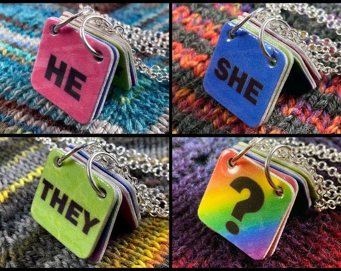 Genderfluid Pronouns Necklace | He She They ? | Pink Blue Green Rainbow | Silver Rolo Chain
