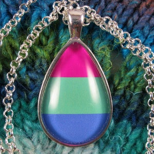 Polysexual Pride Flag Pendant Necklace | Silver Teardrop | Rolo Chain