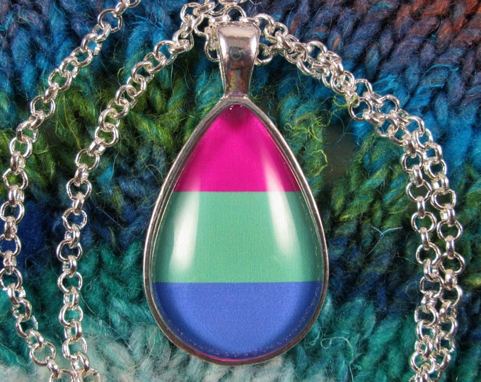 Polysexual Pride Flag Pendant Necklace | Silver Teardrop | Rolo Chain