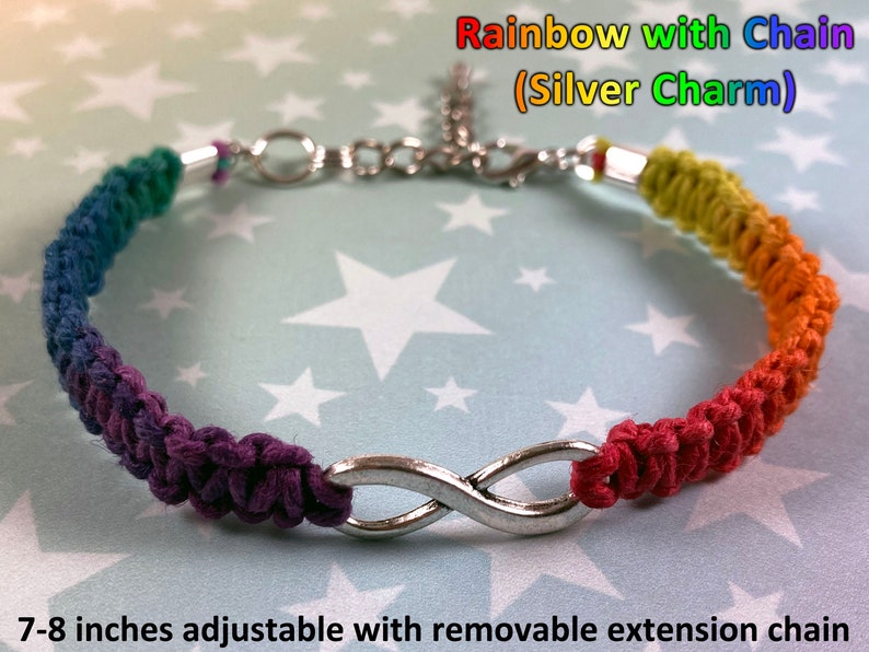 Rainbow Infinity Hemp Pride Bracelet Neurodiversity LGBT Autistic Pride 1 Bracelet 3 Color Options Chain or Slide Knot Closure image 3