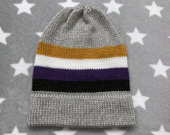 Knit Pride Hat - Nonbinary Pride - Heathered Light Sandy Grey - Slouchy Beanie - Acrylic