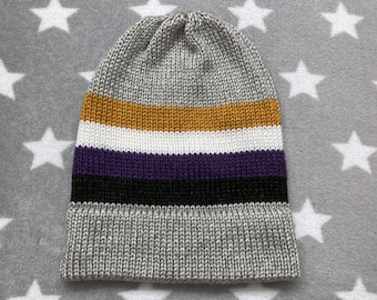 Knit Nonbinary Pride Hat | Heathered Light Sandy Grey | Slouchy Beanie | Soft & Warm Acrylic
