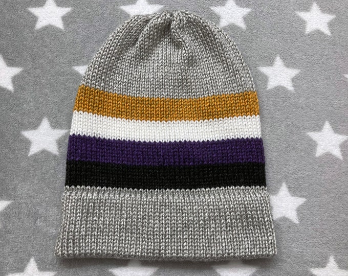 Knit Nonbinary Pride Hat | Heathered Light Sandy Grey | Slouchy Beanie | Soft & Warm Acrylic