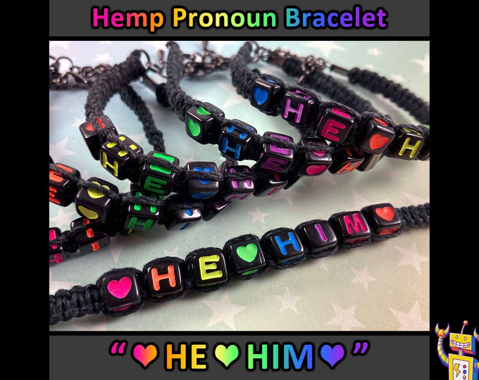 HE HIM Hemp Pronoun Bracelet - Rainbow Alphabet Beads - 1 Bracelet (Assorted Rainbow Colors) - Adjustable Chain or Slide Knot