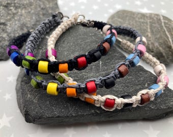 Progress Pride Hemp Bracelet | Black, Gray or Tan | Ceramic Beads | 1 Bracelet | 7 to 8 Inches Adjustable