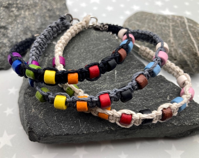 Progress Pride Hemp Bracelet | Black, Gray or Tan | Ceramic Beads | 1 Bracelet | 7 to 8 Inches Adjustable