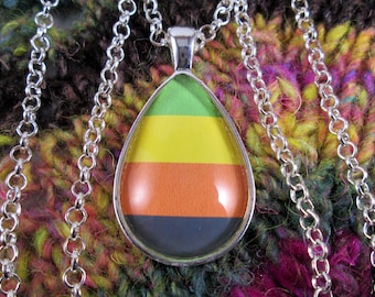 Aromantic Pride Pride Flag Pendant Necklace | Green Yellow Orange Black Flag | Silver Teardrop | Rolo Chain