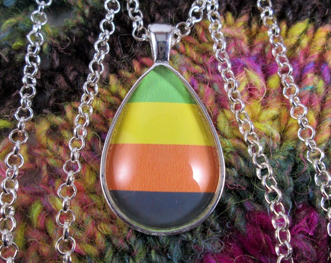 Aromantic Pride Pride Flag Pendant Necklace | Green Yellow Orange Black Flag | Silver Teardrop | Rolo Chain