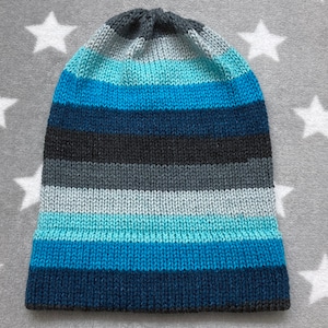 Knit Hat - Blue Grey Stripes - Slouchy Beanie - Acrylic