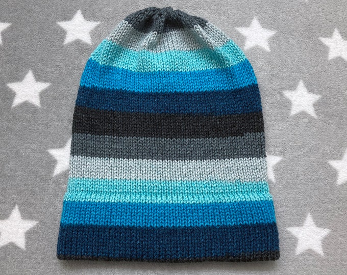 Knit Hat - Blue Grey Stripes - Slouchy Beanie - Acrylic