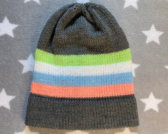 Knit Unlabeled Pride Hat | Grey Slouchy Beanie | Lightweight Acrylic