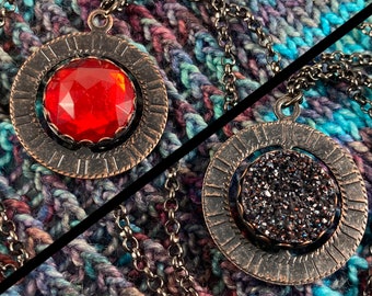 Spinner Pendant Necklace - Dark Gunmetal, Red & Black Gems - Stim Jewelry