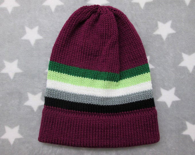 Knit Aromantic Pride Hat | Magenta Slouchy Beanie | Acrylic | CLEARANCE (Old Style Yarn)