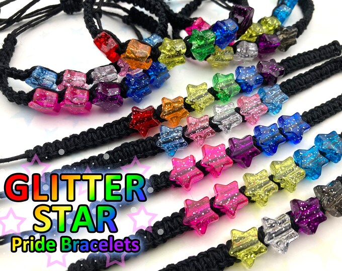 Hemp Pride Bracelet - Glitter Star Pony Beads - Rainbow, Trans, Bi, Pan, Nonbinary Flag - 1 Bracelet - 6 to 10 Inches Adjustable Slide Knot